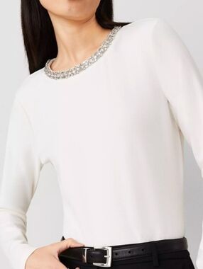 Ann Taylor Cream Embellished Crewneck Long-Sleeve Top